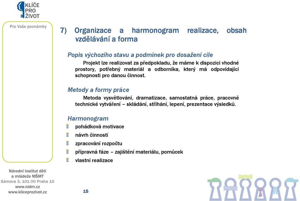 Metody a formy práce Metoda vysvětlování, dramatizace, samostatná práce, pracovně technické vytváření skládání, stříhání, lepení,