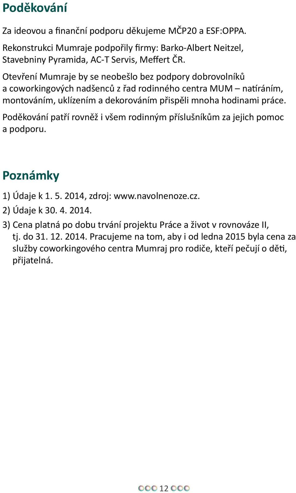 Poděkování patří rovněž i všem rodinným příslušníkům za jejich pomoc a podporu. Poznámky 1) Údaje k 1. 5. 2014, zdroj: www.navolnenoze.cz. 2) Údaje k 30. 4. 2014. 3) Cena platná po dobu trvání projektu Práce a život v rovnováze II, tj.