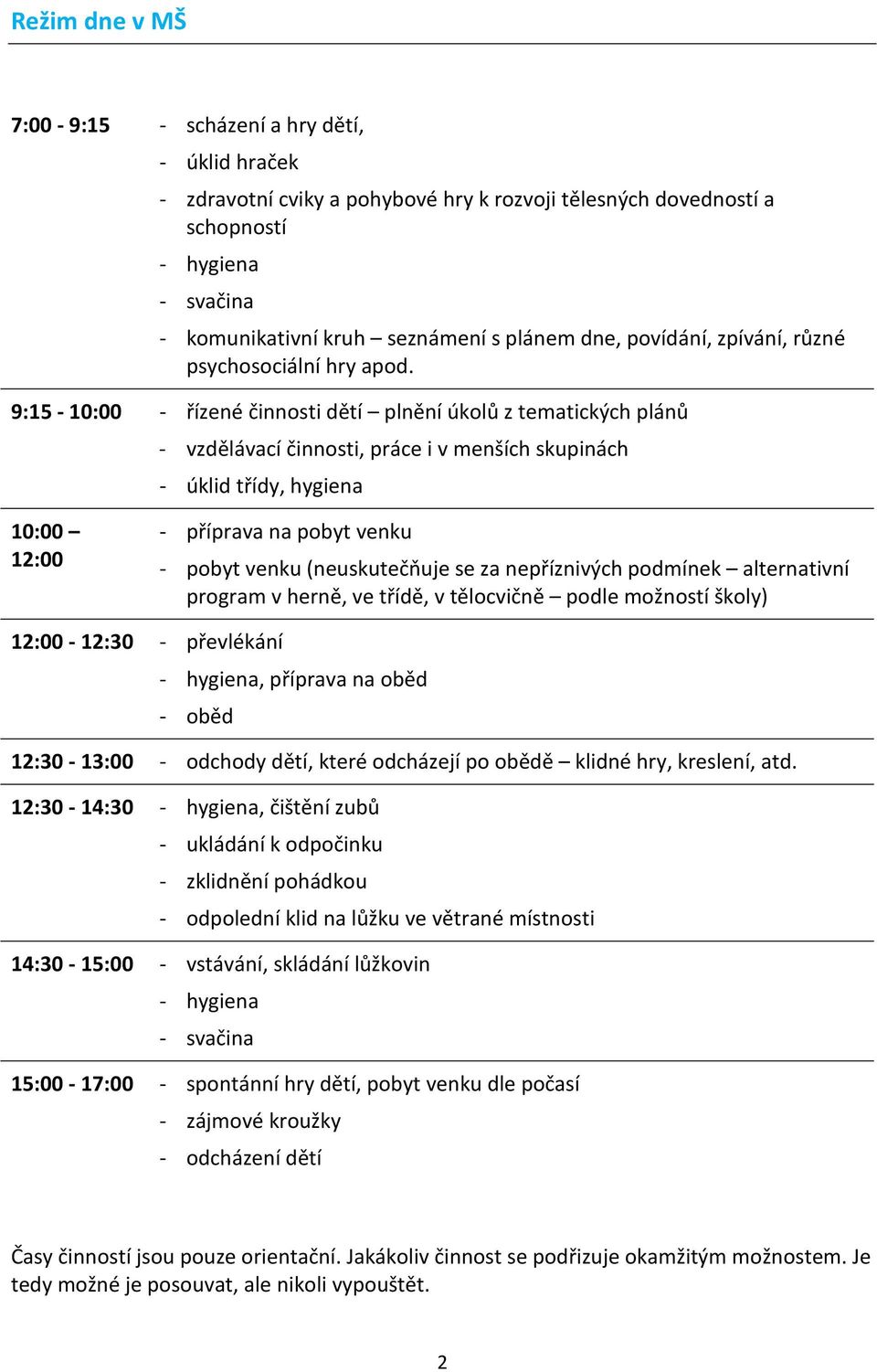 9:15-10:00 - řízené činnosti dětí plnění úkolů z tematických plánů - vzdělávací činnosti, práce i v menších skupinách - úklid třídy, hygiena 10:00 12:00 - příprava na pobyt venku - pobyt venku