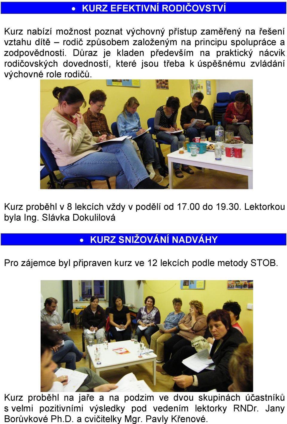 Kurz proběhl v 8 lekcích vţdy v podělí od 17.00 do 19.30. Lektorkou byla Ing.