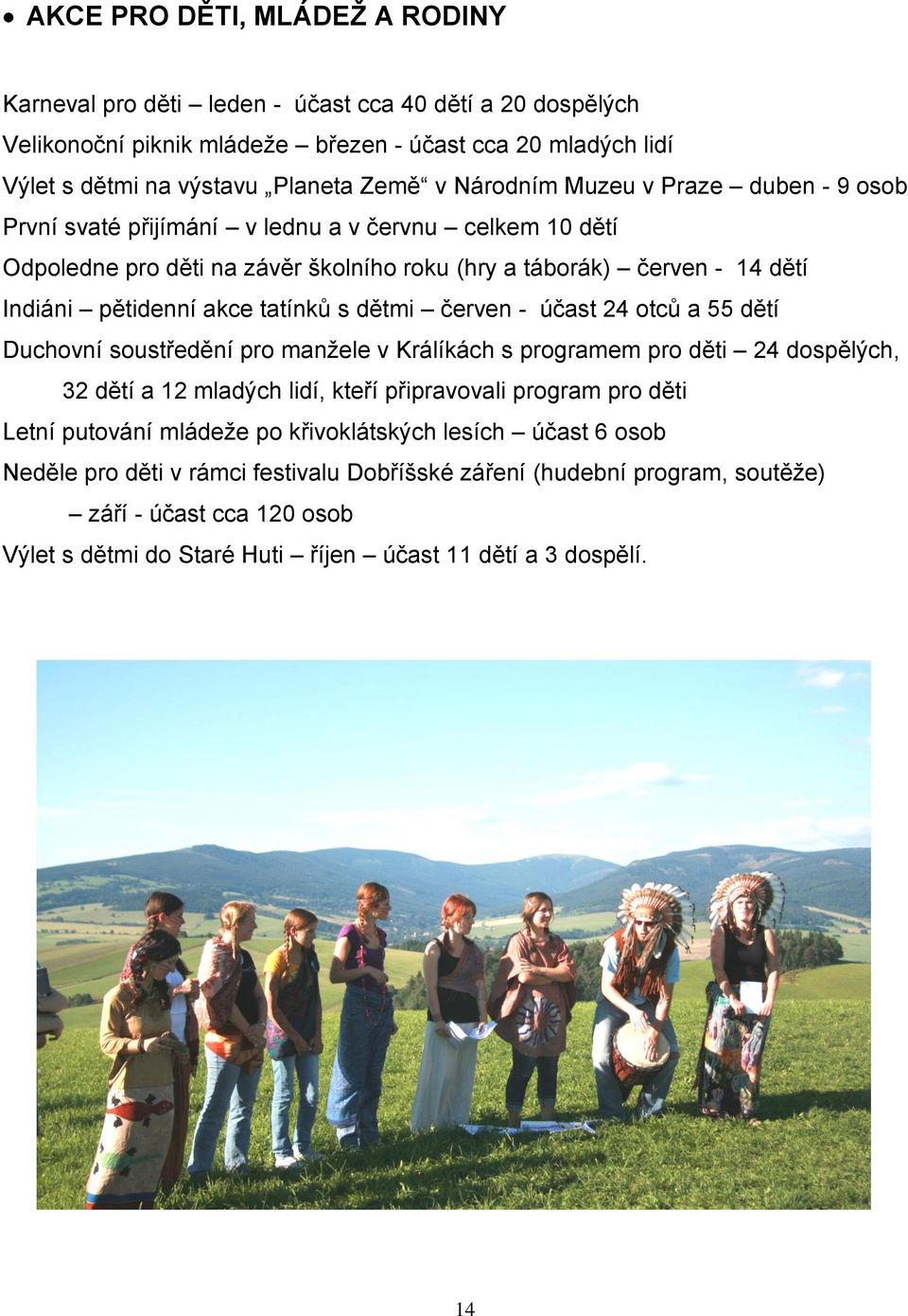 s dětmi červen - účast 24 otců a 55 dětí Duchovní soustředění pro manţele v Králíkách s programem pro děti 24 dospělých, 32 dětí a 12 mladých lidí, kteří připravovali program pro děti Letní putování
