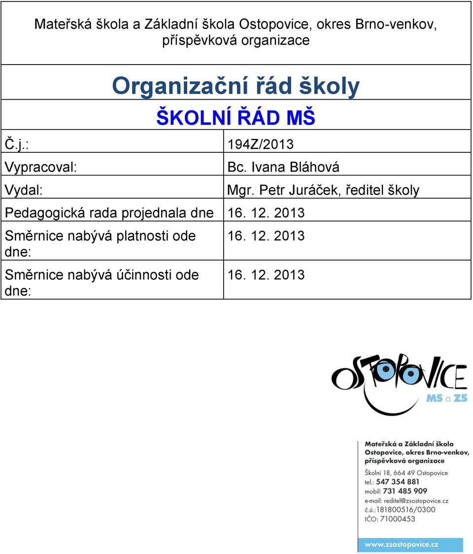 Ivana Bláhová Pedagogická rada projednala dne 16. 12.