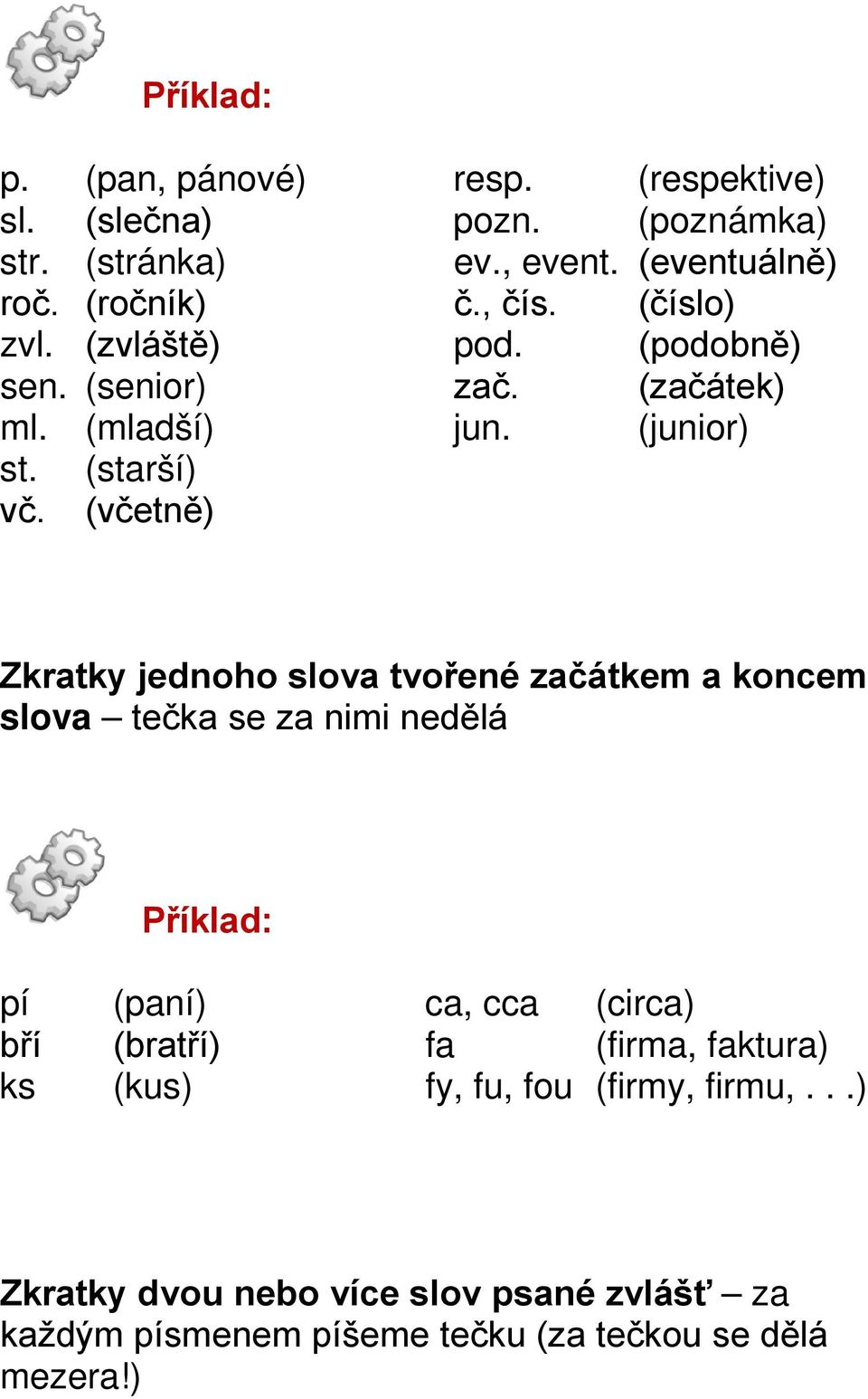 (včetně) Zkratky jednoho slova tvořené začátkem a koncem slova tečka se za nimi nedělá pí (paní) ca, cca (circa) bří (bratří) fa