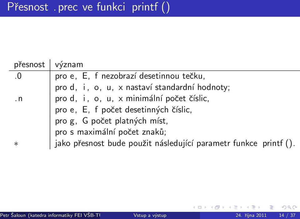 n pro d, i, o, u, x minimální počet číslic, pro e, E, f počet desetinných číslic, pro g, G počet platných