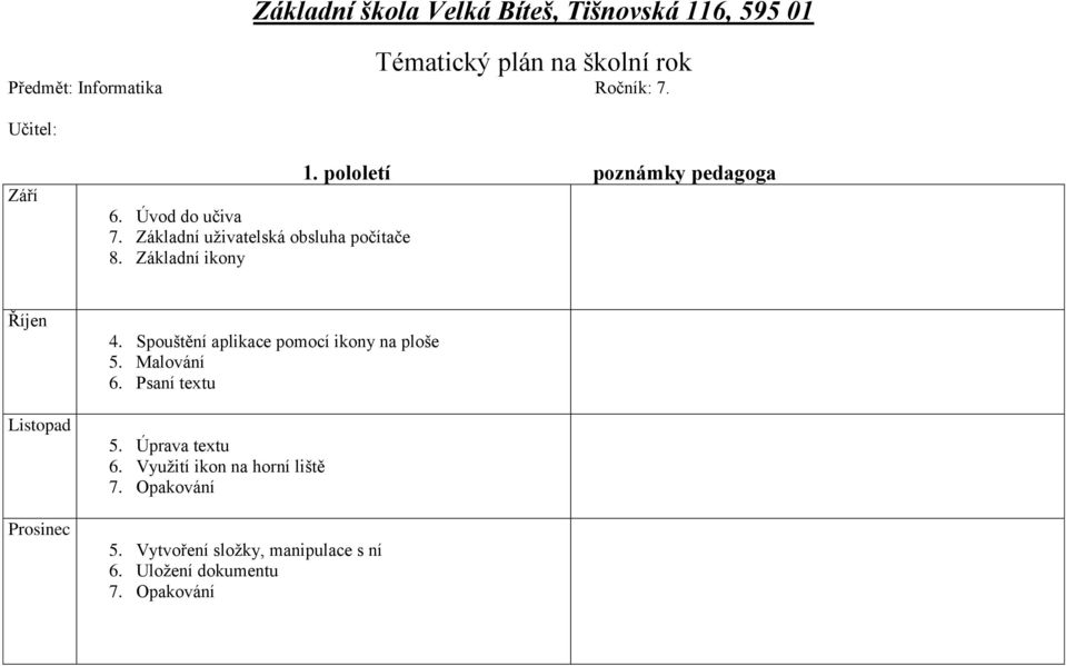 pololetí poznámky pedagoga Říjen Listopad Prosinec 4. Spouštění aplikace pomocí ikony na ploše 5. Malování 6.