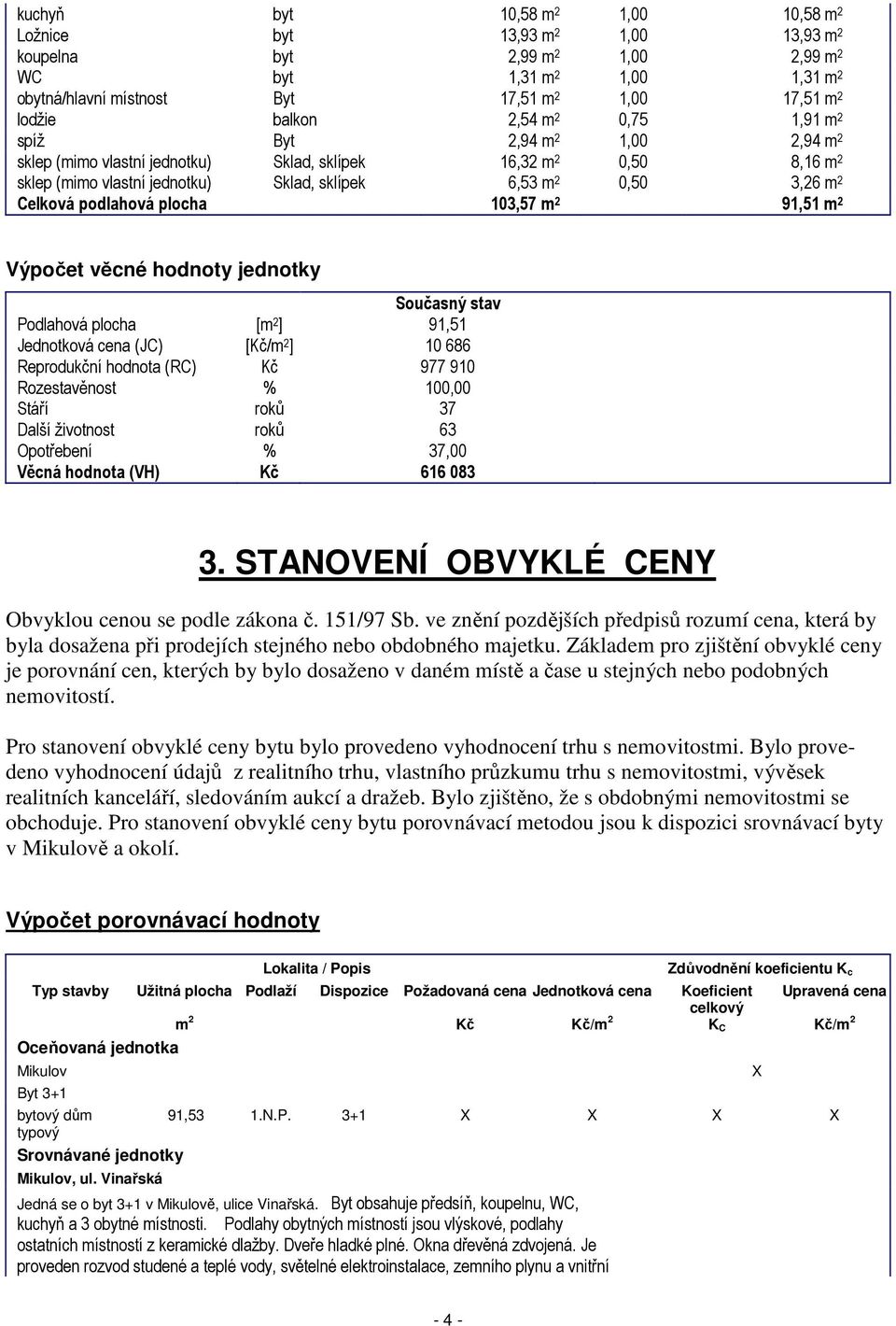 Celková podlahová plocha 103,57 m 2 91,51 m 2 Výpočet věcné hodnoty jednotky Současný stav Podlahová plocha [m 2 ] 91,51 Jednotková cena (JC) [Kč/m 2 ] 10 686 Reprodukční hodnota (RC) Kč 977 910