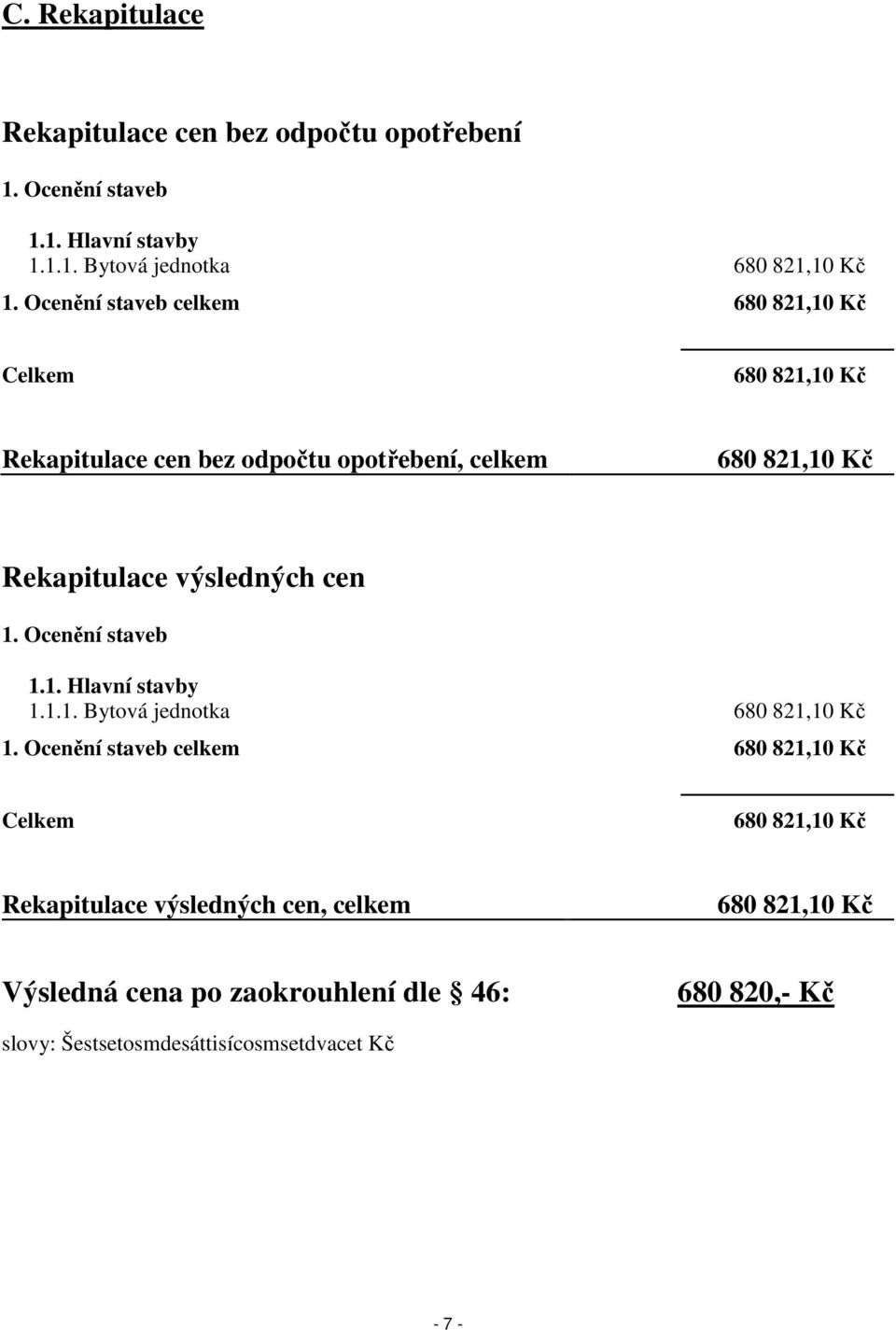 výsledných cen 1. Ocenění staveb 1.1. Hlavní stavby 1.1.1. Bytová jednotka 680 821,10 Kč 1.