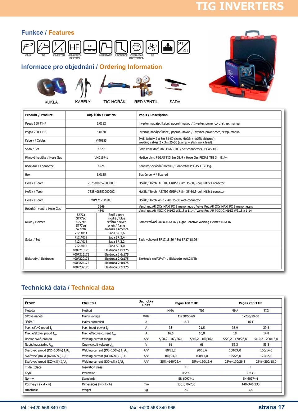 číslo / Part No Popis / Description Pegas 160 T HF 5.0112 invertor, napájecí kabel, popruh, návod / Inverter, power cord, strap, manual Pegas 200 T HF 5.