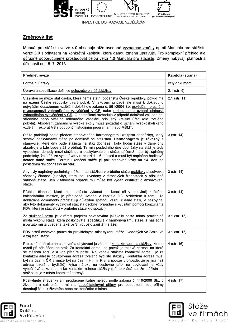 Předmět revize Formální úpravy Kapitola (strana) celý dokument Úprava a specifikace definice uchazeče o stáž /stážisty. 2.1 (str.