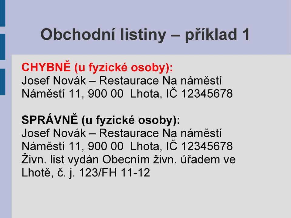 fyzické osoby): Josef Novák Restaurace Na náměstí Náměstí 11, 900 00