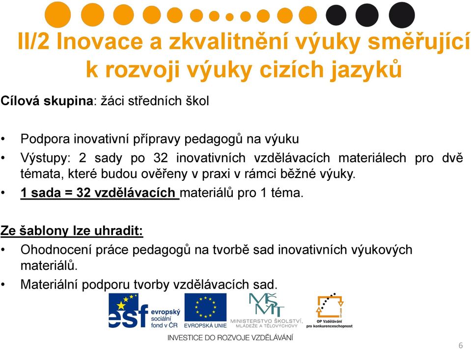 které budou ověřeny v praxi v rámci běžné výuky. 1 sada = 32 vzdělávacích materiálů pro 1 téma.