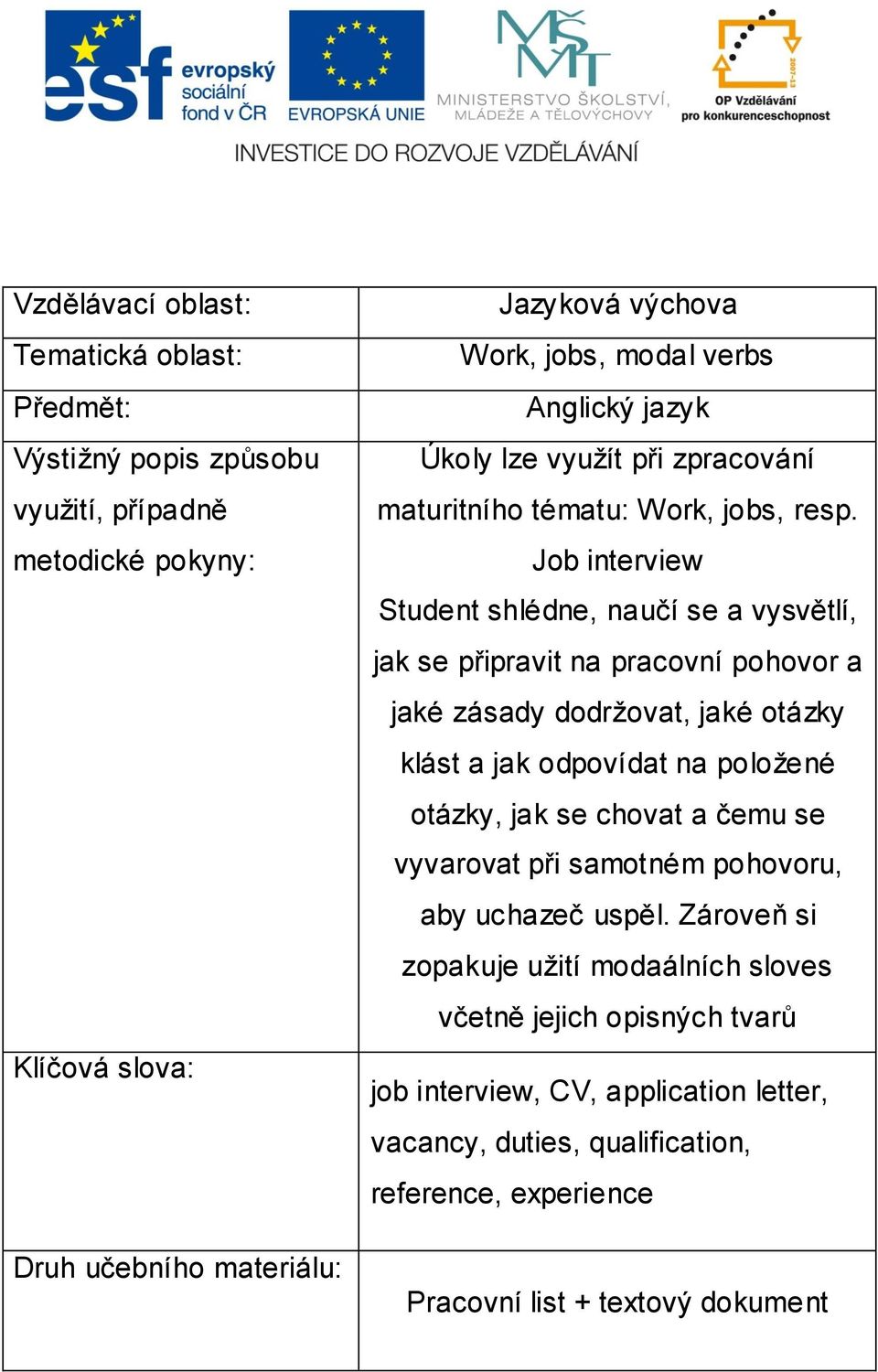 Job interview Student shlédne, naučí se a vysvětlí, jak se připravit na pracovní pohovor a jaké zásady dodržovat, jaké otázky klást a jak odpovídat na položené otázky, jak se