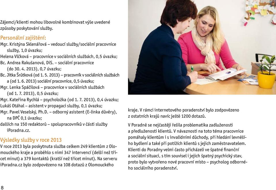 2013), 0,7 úvazku; Bc. Jitka Šrůtková (od 1. 5. 2013) pracovník v sociálních službách a (od 1. 6. 2013) sociální pracovnice, 0,5 úvazku; Mgr. Lenka Spáčilová pracovnice v sociálních službách (od 1. 7.