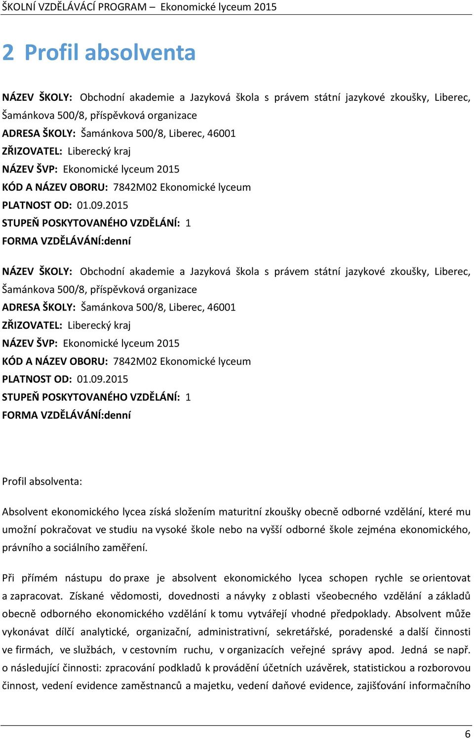 2015 STUPEŇ POSKYTOVANÉHO VZDĚLÁNÍ: 1 FORMA VZDĚLÁVÁNÍ:denní NÁZEV ŠKOLY: Obchodní akademie a Jazyková škola s právem státní jazykové zkoušky, Liberec, Šamánkova 500/8, příspěvková organizace ADRESA