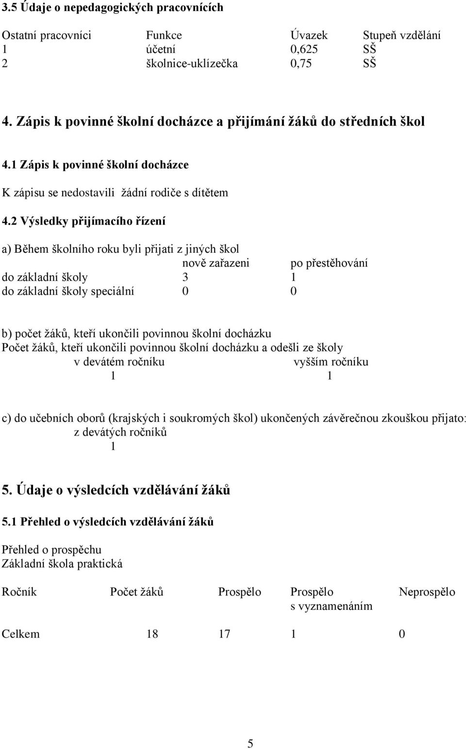 2 Výsledky přijímacího řízení a) Během školního roku byli přijati z jiných škol nově zařazeni po přestěhování do základní školy 3 1 do základní školy speciální 0 0 b) počet ţáků, kteří ukončili