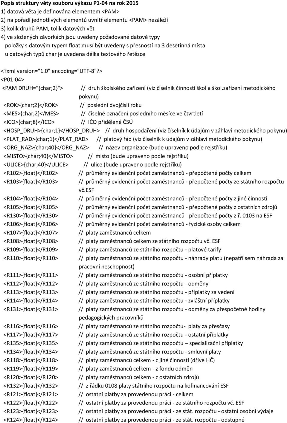 řetězce <?xml version="1.0" encoding="utf-8"?> <P01-04> <PAM DRUH="{char;2}"> // druh školského zařízení (viz číselník činností škol a škol.