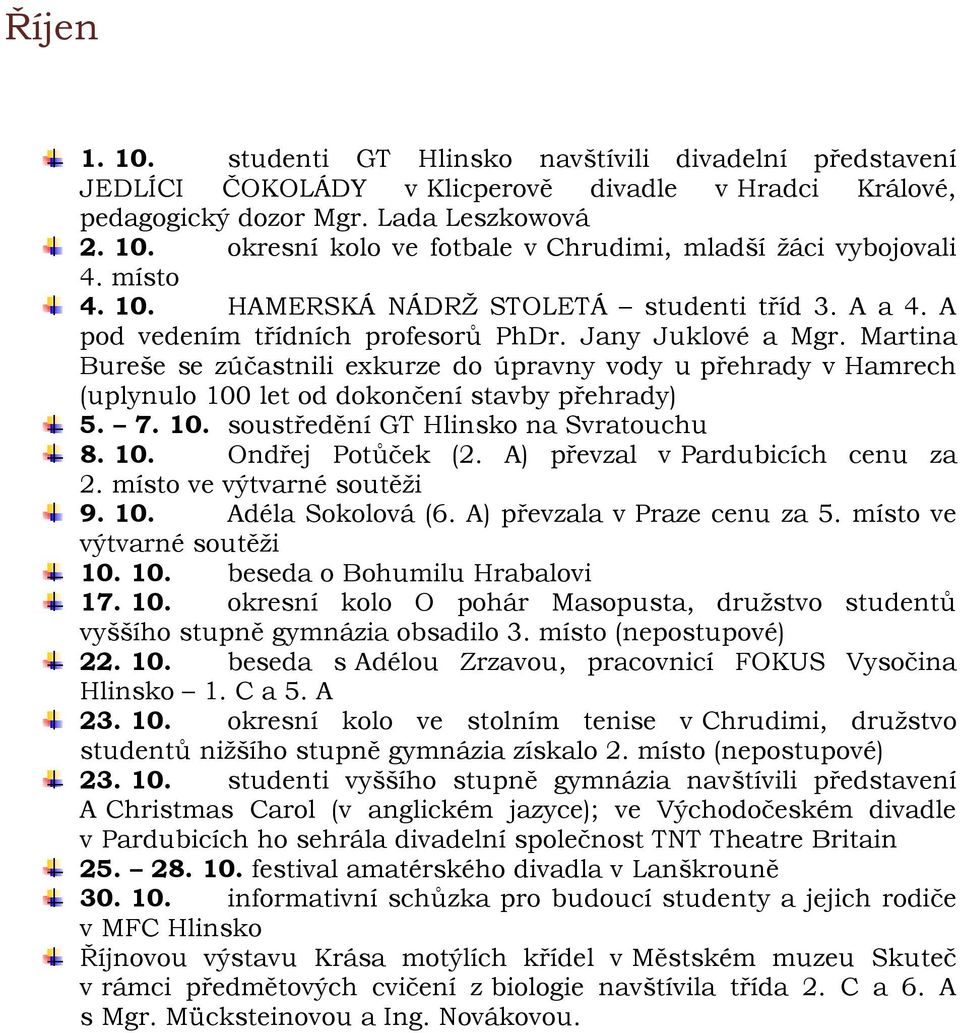 Martina Bureše se zúčastnili exkurze do úpravny vody u přehrady v Hamrech (uplynulo 100 let od dokončení stavby přehrady) 5. 7. 10. soustředění GT Hlinsko na Svratouchu 8. 10. Ondřej Potůček (2.