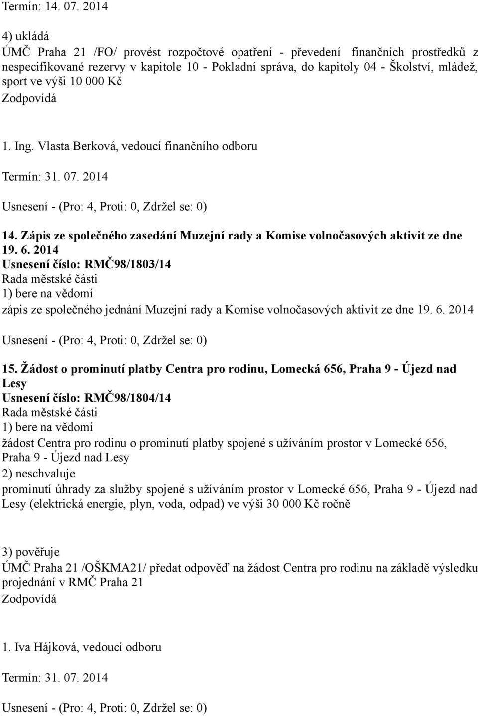 výši 10 000 Kč 1. Ing. Vlasta Berková, vedoucí finančního odboru Termín: 31. 07. 2014 14. Zápis ze společného zasedání Muzejní rady a Komise volnočasových aktivit ze dne 19. 6.