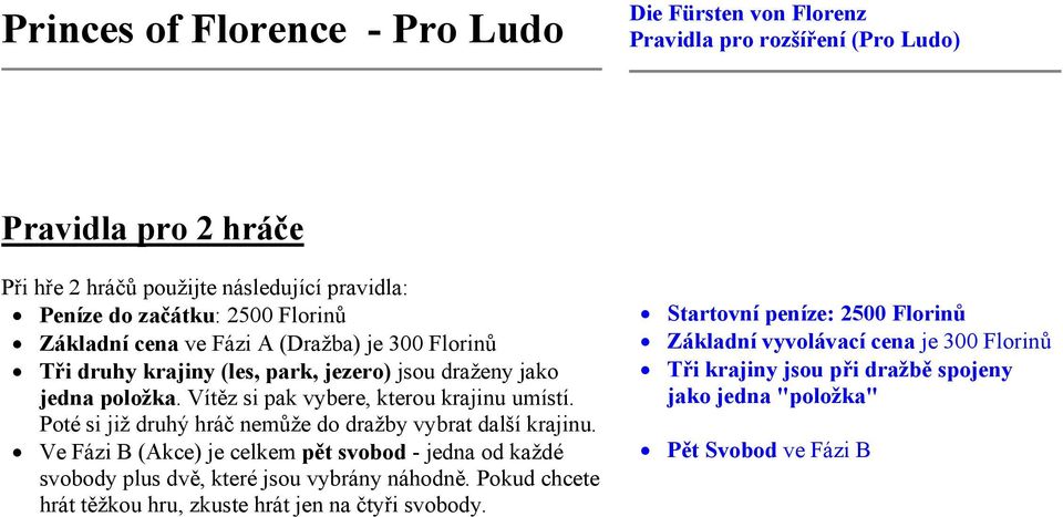 Poté si již druhý hráč nemůže do dražby vybrat další krajinu. Ve Fázi B (Akce) je celkem pět svobod - jedna od každé svobody plus dvě, které jsou vybrány náhodně.