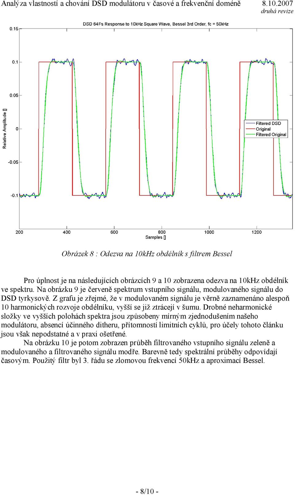 Z grafu je zřejmé, že v modulovaném signálu je věrně zaznamenáno alespoň 10 harmonických rozvoje obdélníku, vyšší se již ztrácejí v šumu.