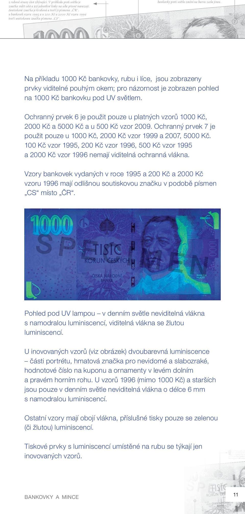 Na příkladu 1000 Kč bankovky, u i e, jsou zobrazeny prvky viditelné pouhým okem; pro názornost je zobrazen pohled na 1000 Kč bankovku pod UV světlem.