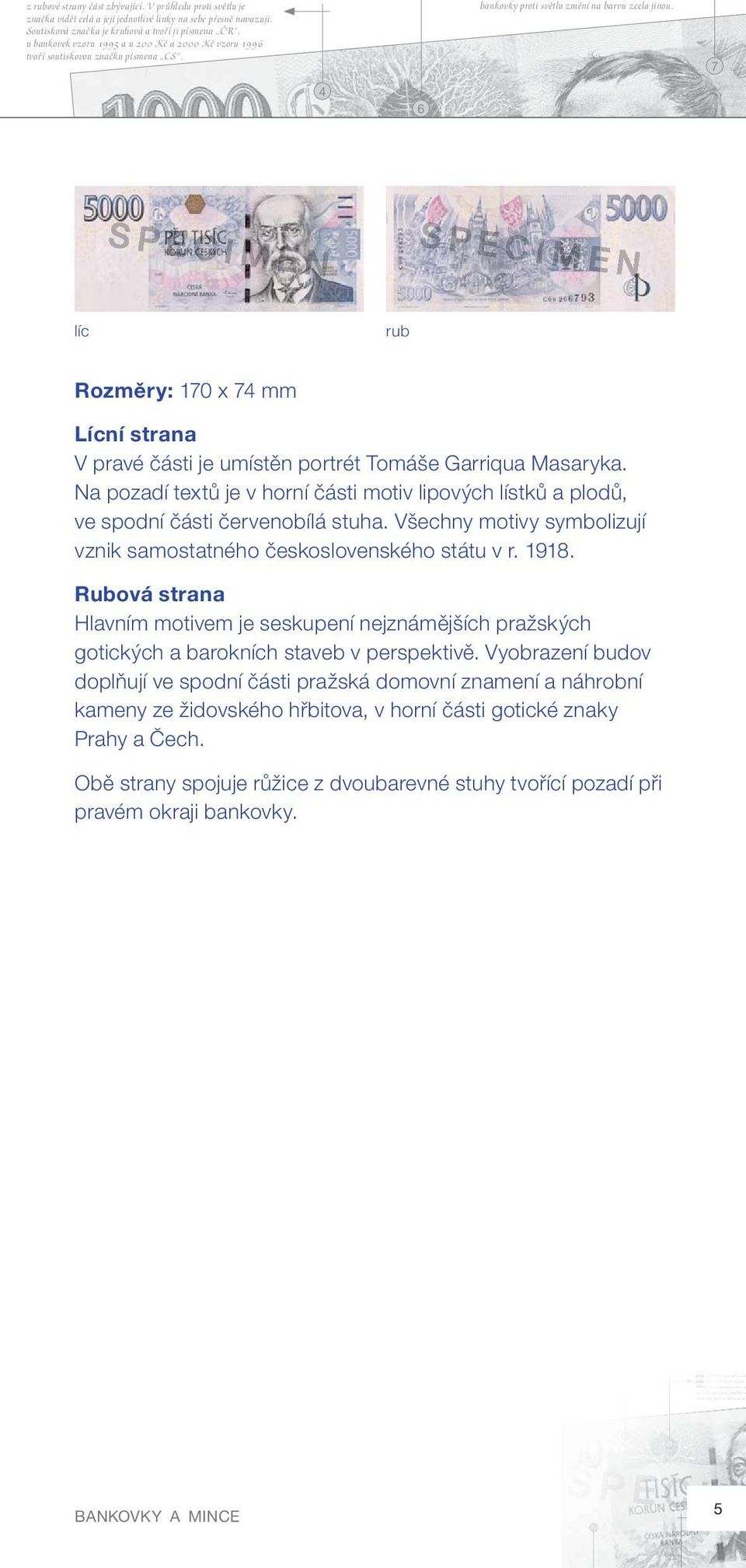 Rozměry: 10 x mm Lícní strana V pravé části je umístěn portrét Tomáše Garriqua Masaryka. Na pozadí textů je v horní části motiv lipových lístků a plodů, ve spodní části červenobílá stuha.