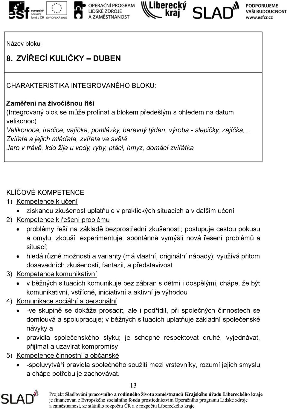 .. Zvířata a jejich mláďata, zvířata ve světě Jaro v trávě, kdo žije u vody, ryby, ptáci, hmyz, domácí zvířátka získanou zkušenost uplatňuje v praktických situacích a v dalším učení 2) Kompetence k