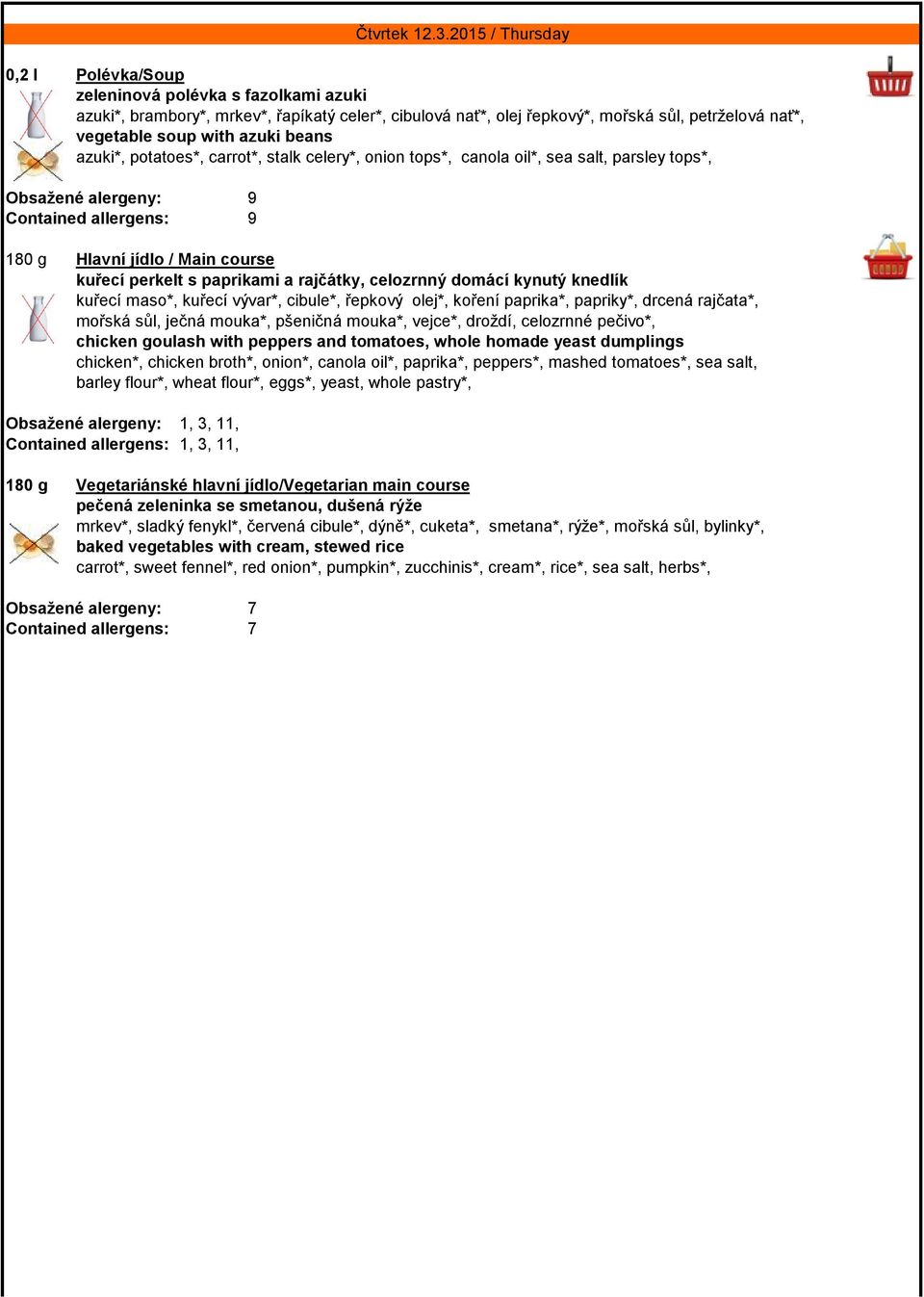 rajčátky, celozrnný domácí kynutý knedlík kuřecí maso*, kuřecí vývar*, cibule*, řepkový olej*, koření paprika*, papriky*, drcená rajčata*, mořská sůl, ječná mouka*, pšeničná mouka*, vejce*, droždí,