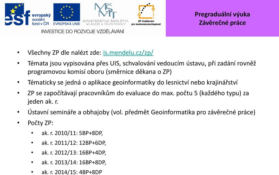 se jedná o aplikace geoinformatiky do lesnictví nebo krajinářství ZP se započítávají pracovníkům do evaluace do max.