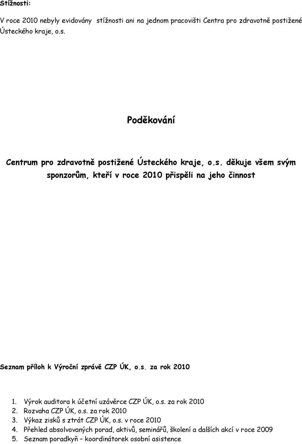 Výrok auditora k účetní uzávěrce CZP ÚK, o.s. za rok 2010 2. Rozvaha CZP ÚK, o.s. za rok 2010 3. Výkaz zisků s ztrát CZP ÚK, o.s. v roce 2010 4.