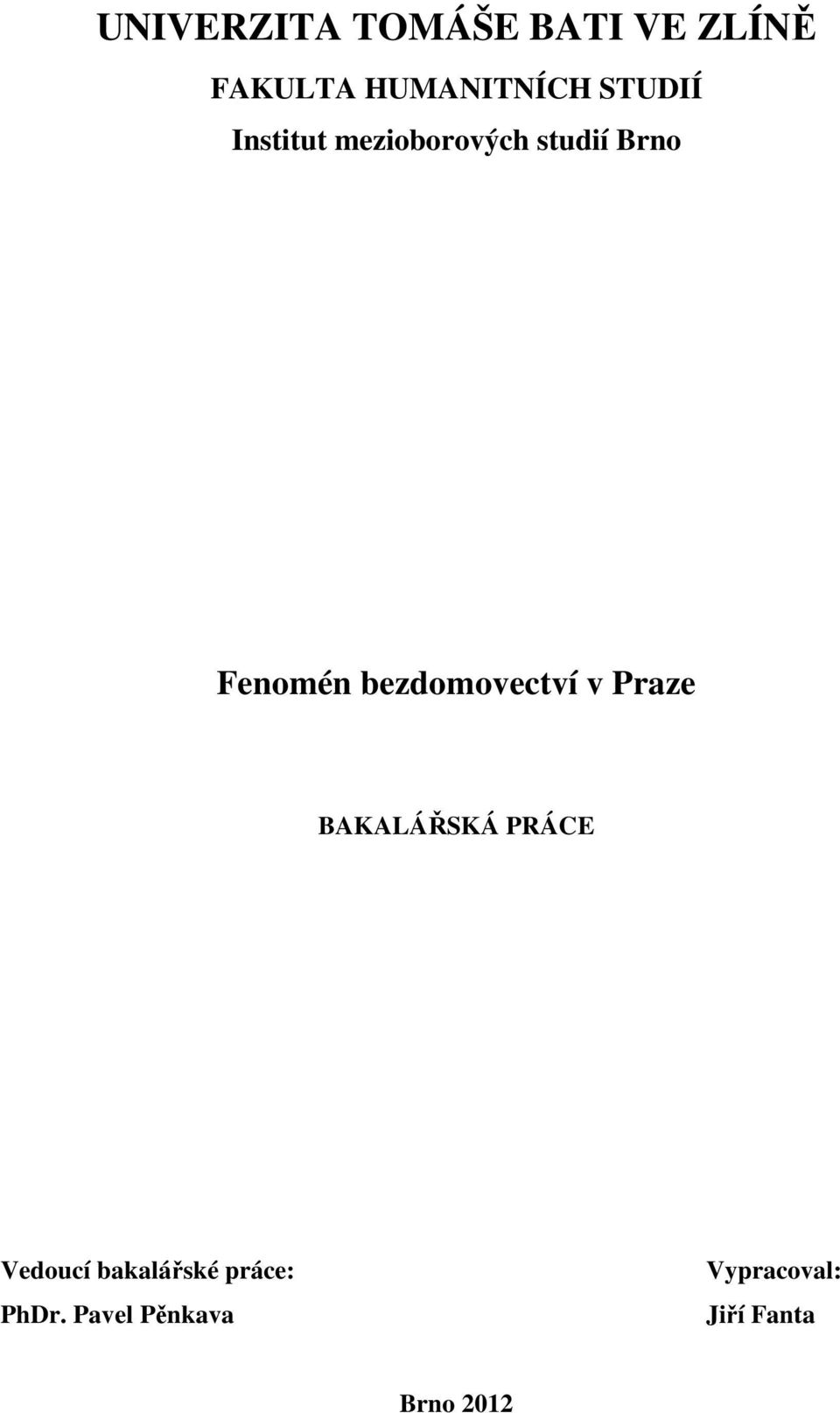 bezdomovectví v Praze BAKALÁŘSKÁ PRÁCE Vedoucí