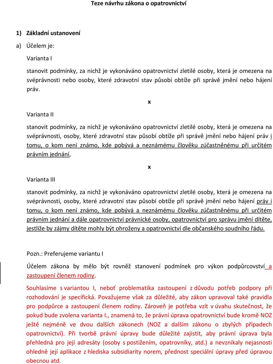 Varianta II x stanovit podmínky, za nichž je vykonáváno opatrovnictví zletilé osoby, která je omezena na svéprávnosti, osoby, které zdravotní stav působí obtíže při správě jmění nebo hájení práv i
