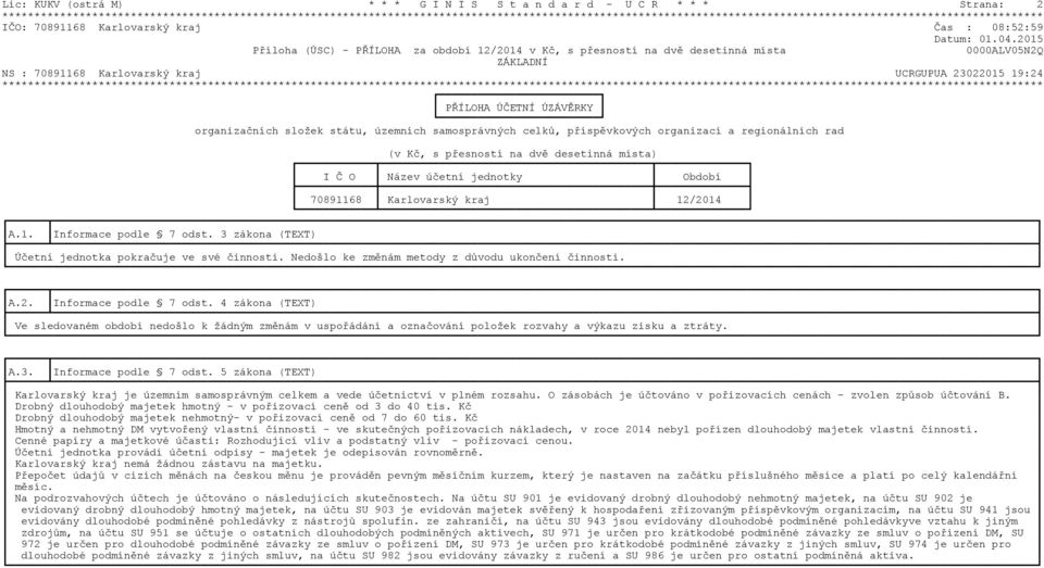 3 zákona (TEXT) Účetní jednotka pokračuje ve své činnosti. Nedošlo ke změnám metody z důvodu ukončení činnosti. A.2. Informace podle 7 odst.