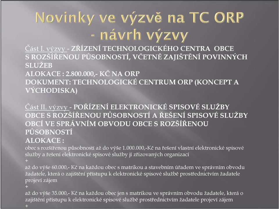 výzvy - POŘÍZENÍ ELEKTRONICKÉ SPISOVÉ SLUŽBY OBCE S ROZŠÍŘENOU PŮSOBNOSTÍ A ŘEŠENÍ SPISOVÉ SLUŽBY OBCÍ VE SPRÁVNÍM OBVODU OBCE S ROZŠÍŘENOU PŮSOBNOSTÍ ALOKACE : obec s rozšířenou působností až do