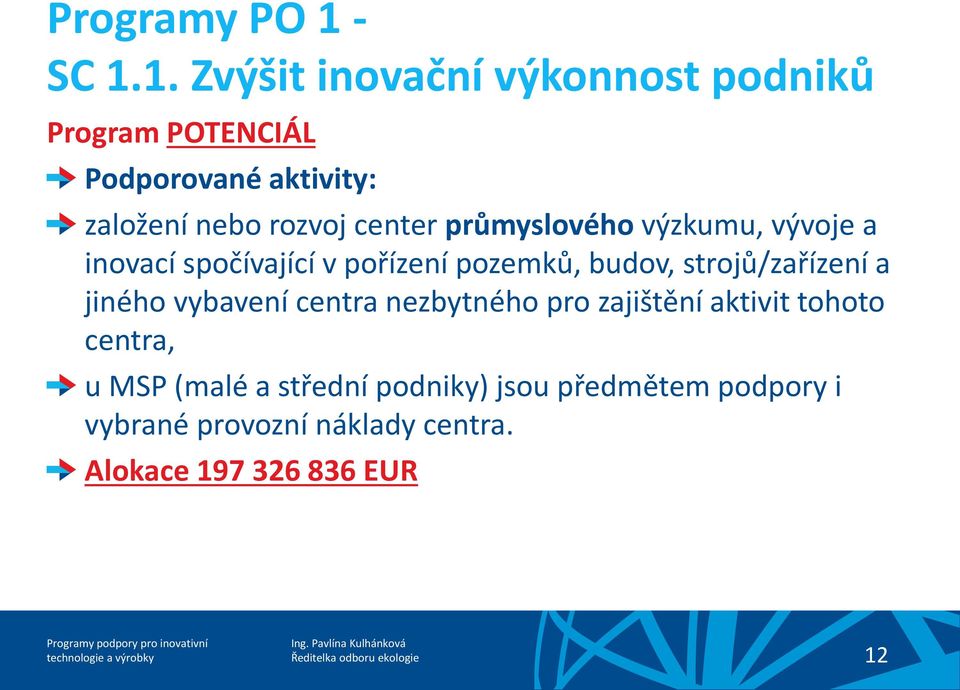 1. Zvýšit inovační výkonnost podniků Program POTENCIÁL Podporované aktivity: založení nebo rozvoj