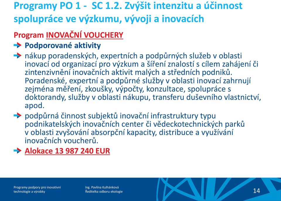 organizací pro výzkum a šíření znalostí s cílem zahájení či zintenzivnění inovačních aktivit malých a středních podniků.