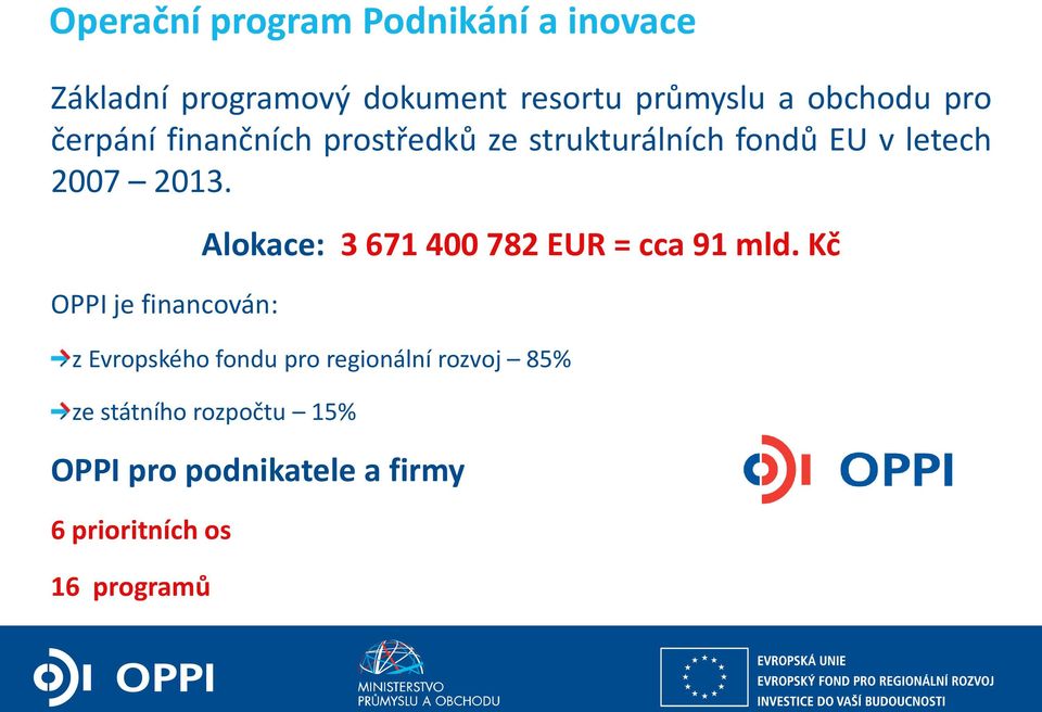 OPPI je financován: Alokace: 3 671 400 782 EUR = cca 91 mld.