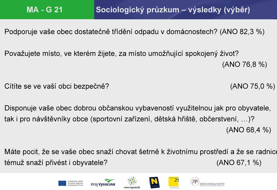 (ANO 75,0 %) Disponuje vaše obec dobrou občanskou vybaveností využitelnou jak pro obyvatele, tak i pro návštěvníky obce (sportovní