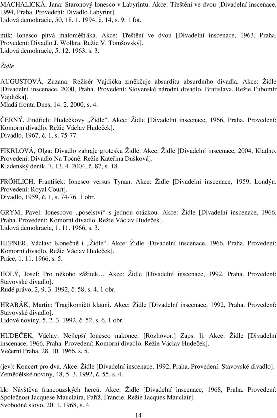 Židle AUGUSTOVÁ, Zuzana: Režisér Vajdička změkčuje absurditu absurdního divadla. Akce: Židle [Divadelní inscenace, 2000, Praha. Provedení: Slovenské národní divadlo, Bratislava.