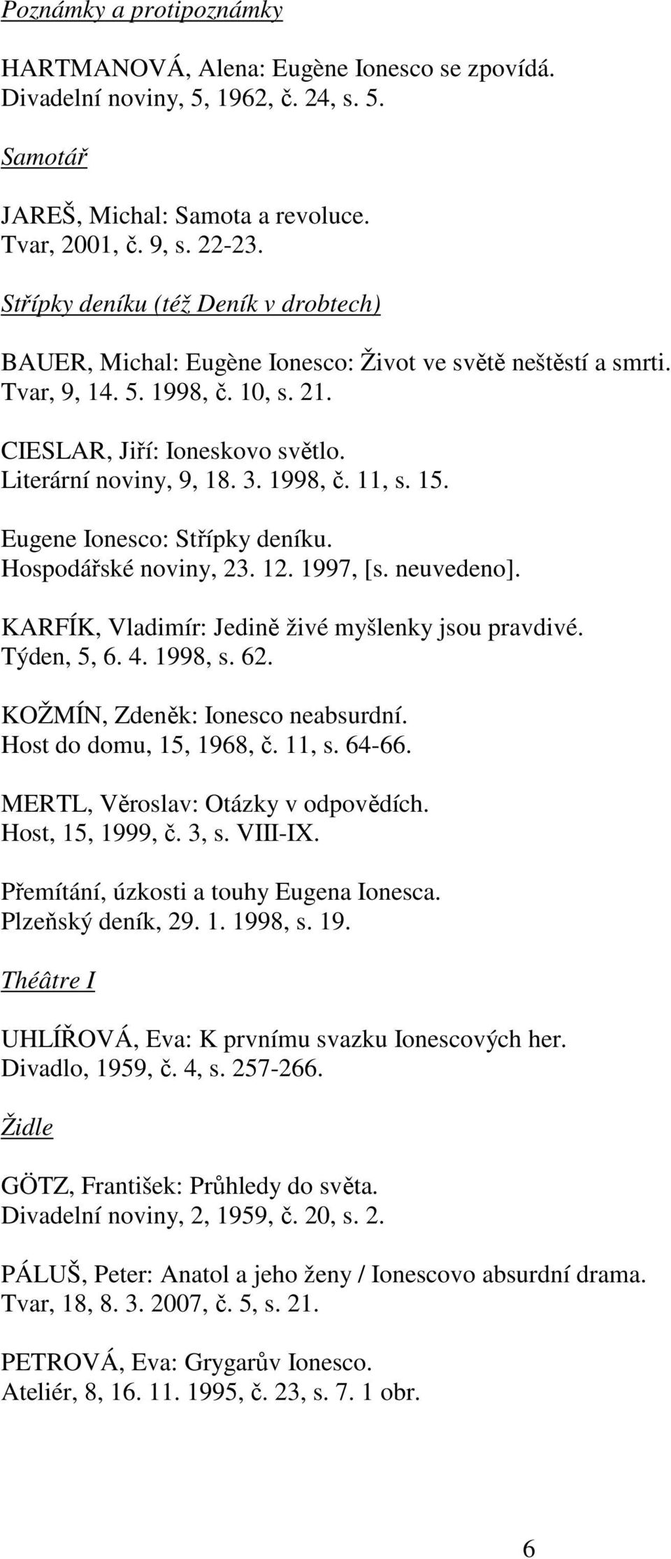 1998, č. 11, s. 15. Eugene Ionesco: Střípky deníku. Hospodářské noviny, 23. 12. 1997, [s. neuvedeno]. KARFÍK, Vladimír: Jedině živé myšlenky jsou pravdivé. Týden, 5, 6. 4. 1998, s. 62.