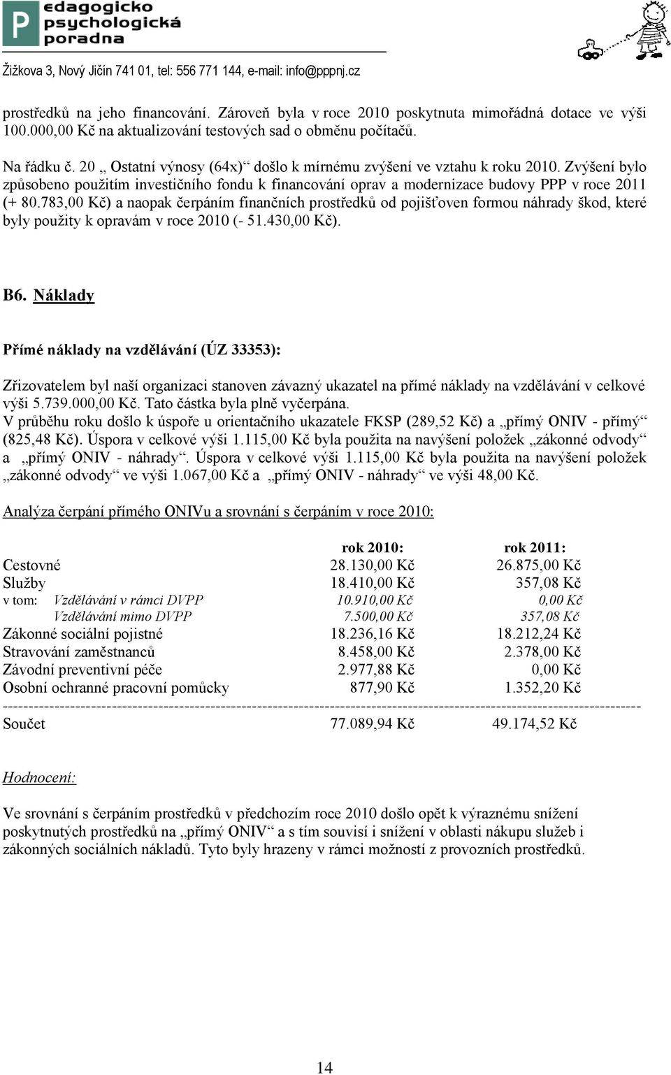 783,00 Kč) a naopak čerpáním finančních prostředků od pojišťoven formou náhrady škod, které byly použity k opravám v roce 2010 (- 51.430,00 Kč). B6.