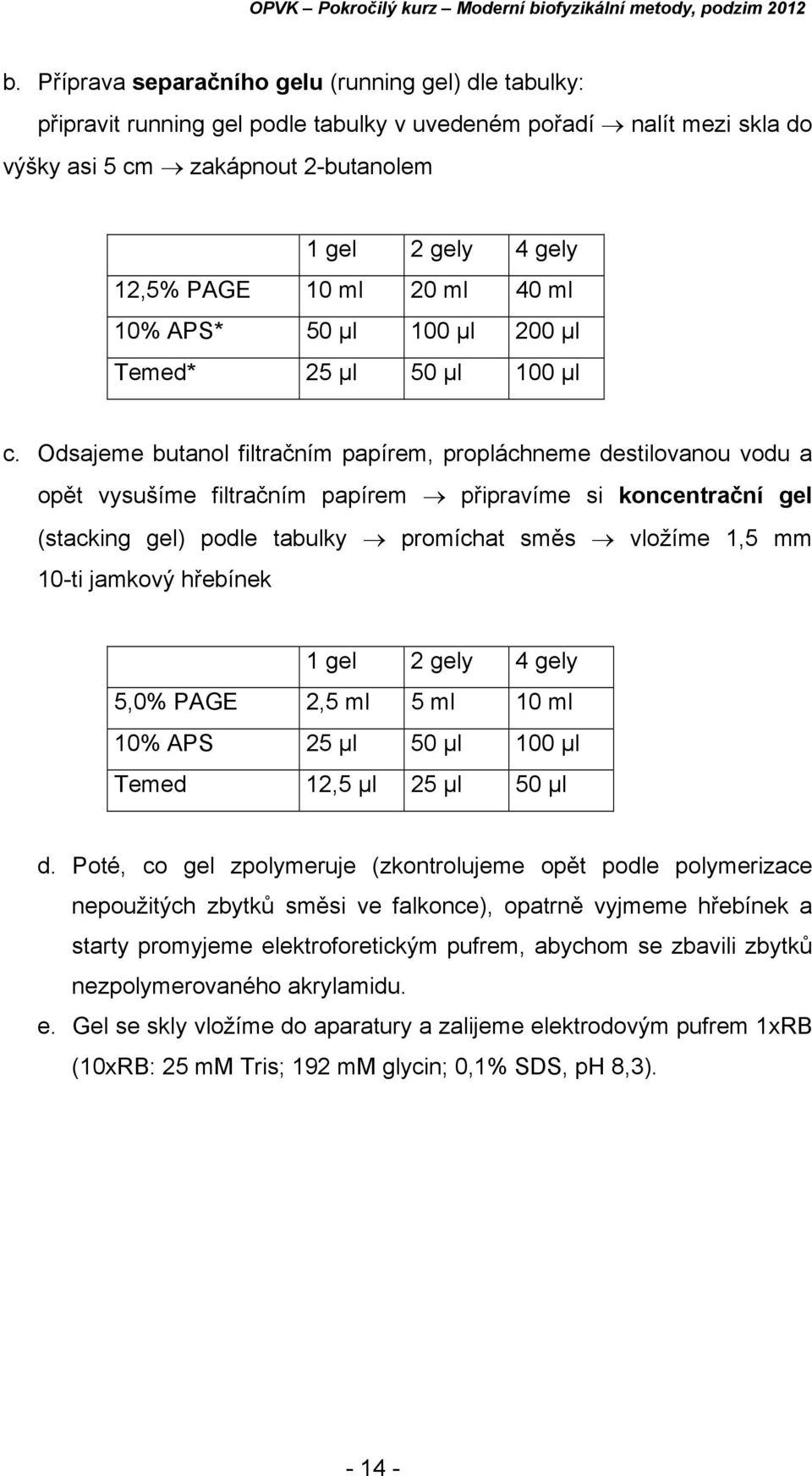 Odsajeme butanol filtračním papírem, propláchneme destilovanou vodu a opět vysušíme filtračním papírem připravíme si koncentrační gel (stacking gel) podle tabulky promíchat směs vložíme 1,5 mm 10-ti