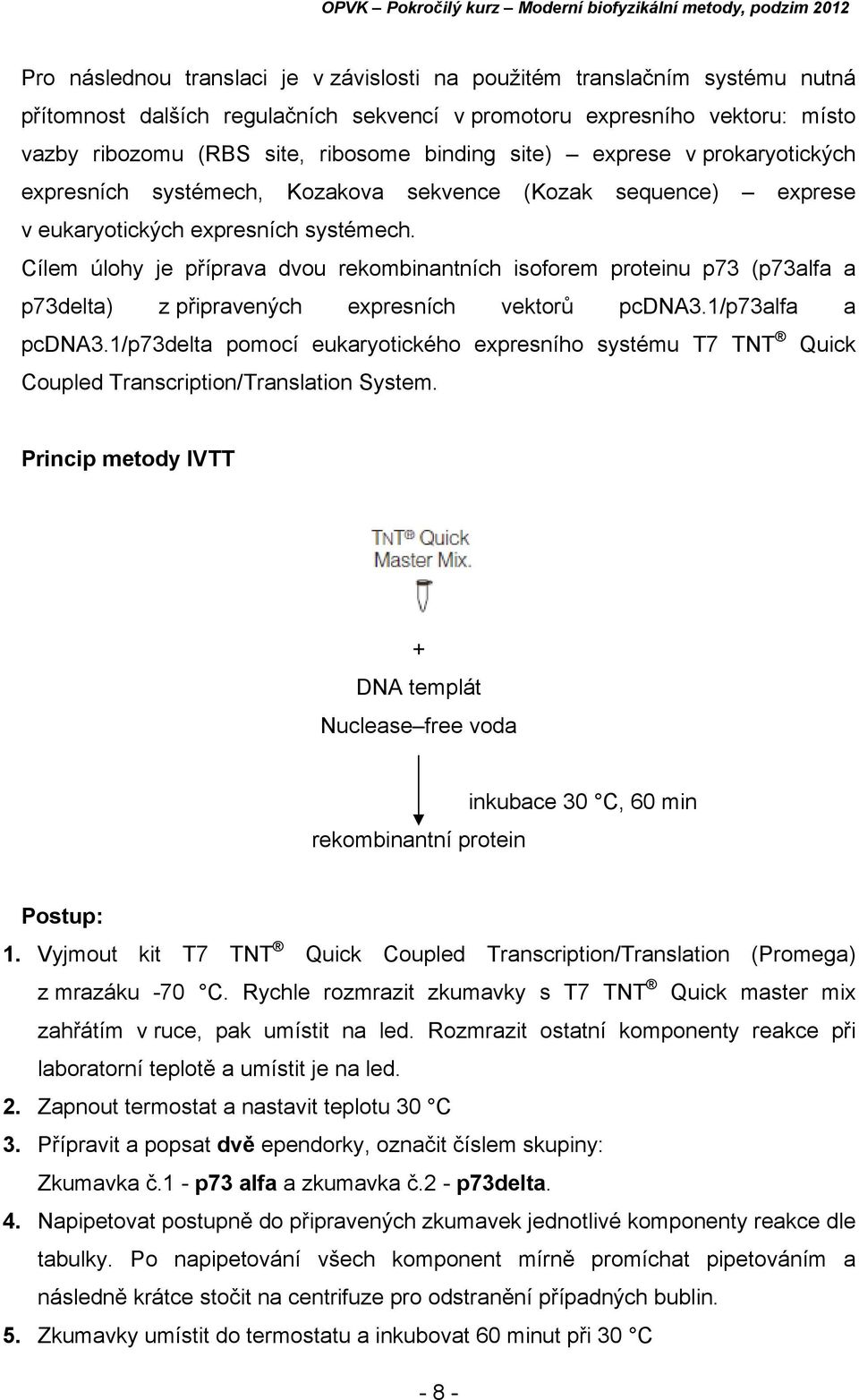 Cílem úlohy je příprava dvou rekombinantních isoforem proteinu p73 (p73alfa a p73delta) z připravených expresních vektorů pcdna3.1/p73alfa a pcdna3.