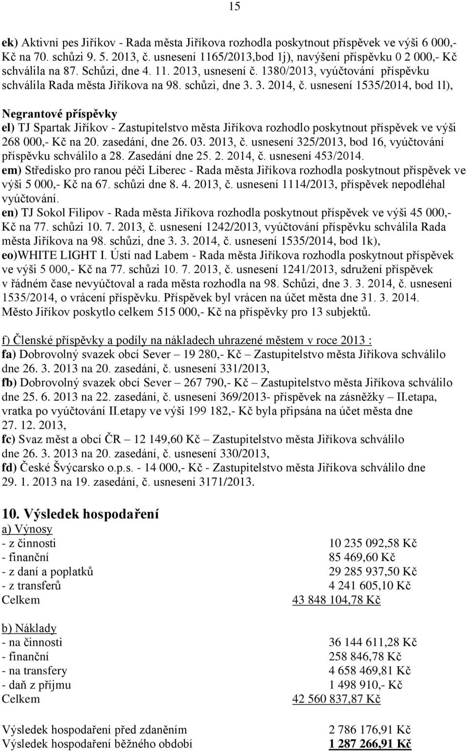 3. 2014, č. usnesení 1535/2014, bod 1l), Negrantové příspěvky el) TJ Spartak Jiříkov - Zastupitelstvo města Jiříkova rozhodlo poskytnout příspěvek ve výši 268 000,- Kč na 20. zasedání, dne 26. 03.