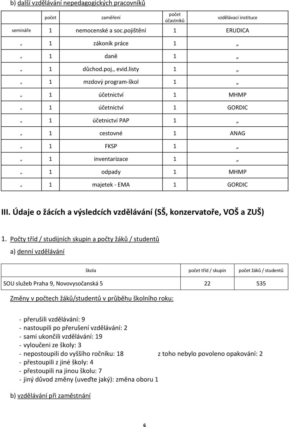 Údaje o žácích a výsledcích vzdělávání (SŠ, konzervatoře, VOŠ a ZUŠ).