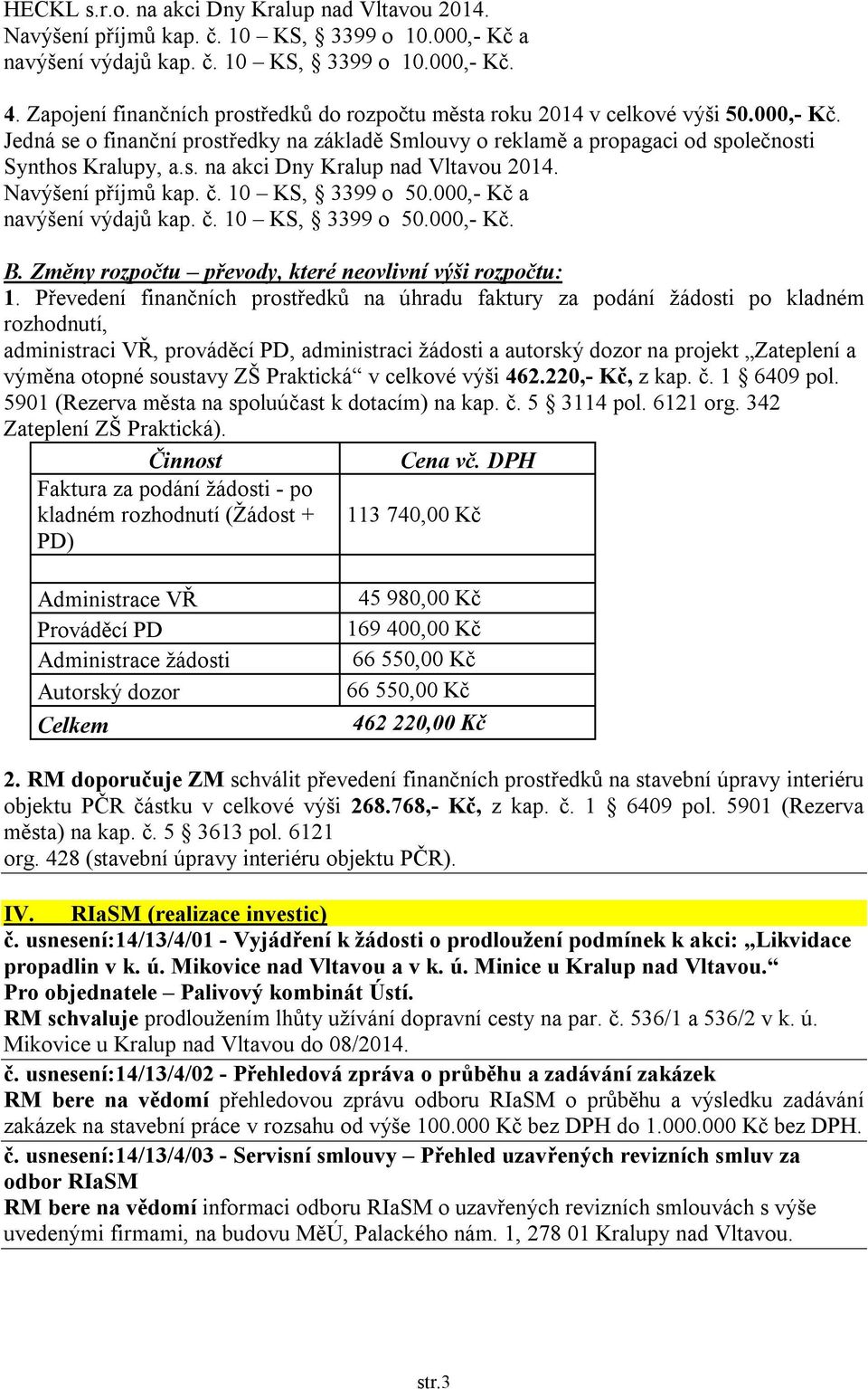 Navýšení příjmů kap. č. 10 KS, 3399 o 50.000,- Kč a navýšení výdajů kap. č. 10 KS, 3399 o 50.000,- Kč. B. Změny rozpočtu převody, které neovlivní výši rozpočtu: 1.