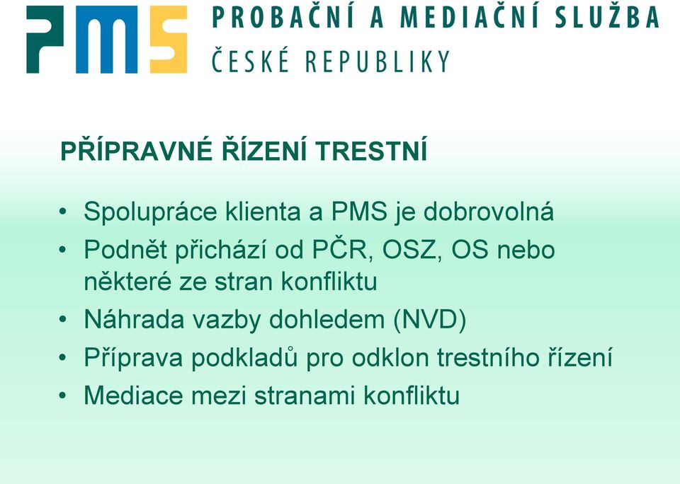 stran konfliktu Náhrada vazby dohledem (NVD) Příprava