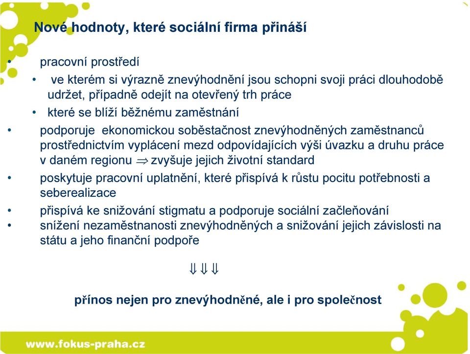 v daném regionu zvyšuje jejich životní standard poskytuje pracovní uplatnění, které přispívá k růstu pocitu potřebnosti a seberealizace přispívá ke snižování stigmatu a