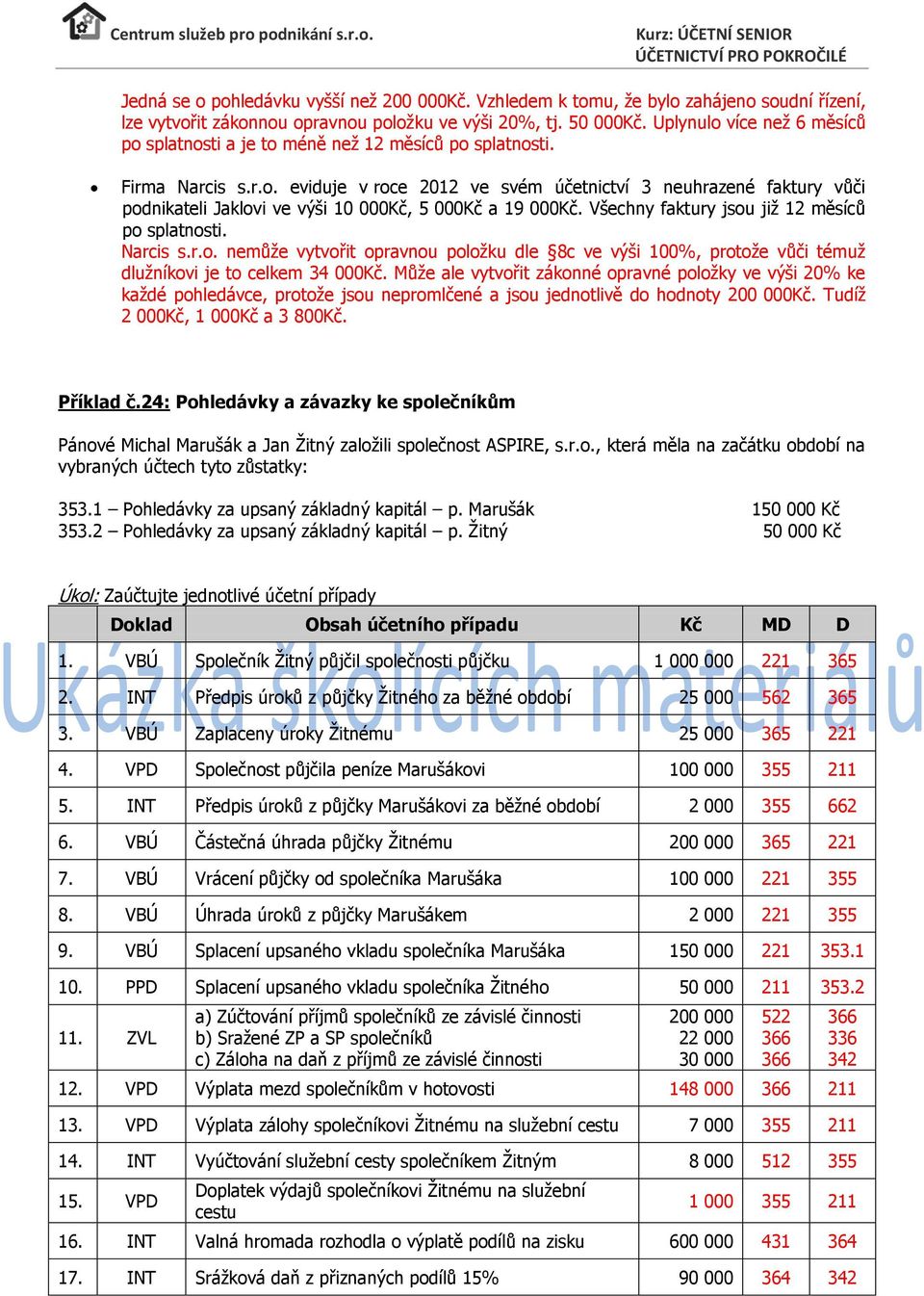 Všechny faktury jsou již 12 měsíců po splatnosti. Narcis s.r.o. nemůže vytvořit opravnou položku dle 8c ve výši 100%, protože vůči témuž dlužníkovi je to celkem 34 000Kč.