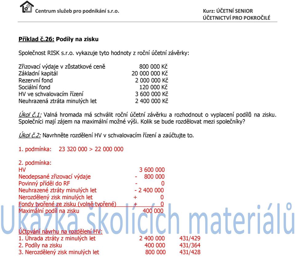 ečnost RISK s.r.o. vykazuje tyto hodnoty z roční účetní závěrky: Zřizovací výdaje v zůstatkové ceně Základní kapitál Rezervní fond Sociální fond HV ve schvalovacím řízení Neuhrazená ztráta minulých